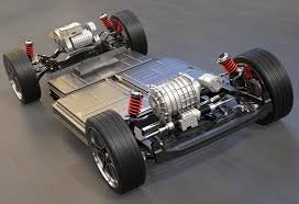 Example of the chassis structure, motors and batteries of an electric vehicle.